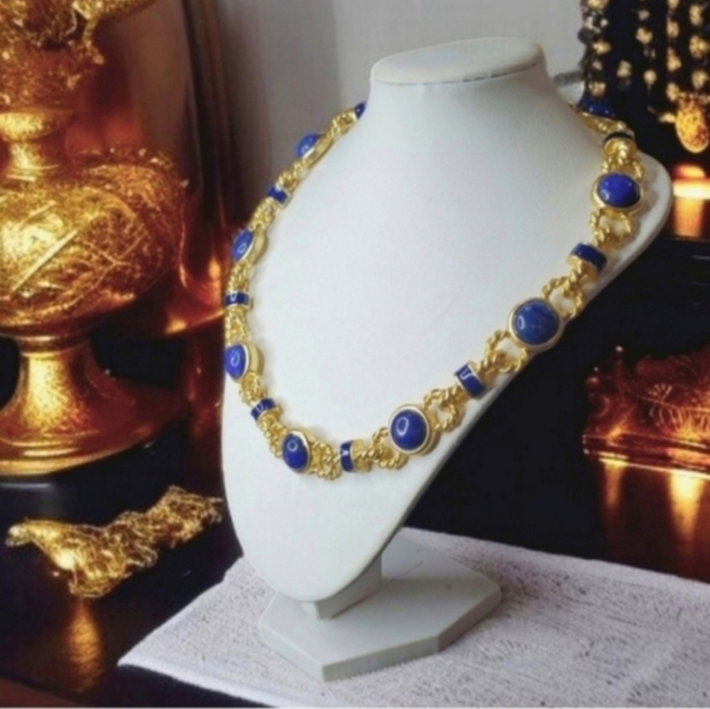 Lapis Lazuli Gold Enamel Byzantine Etruscan Vintage Style Statement Necklace - Picture 4 of 5
